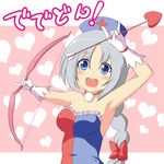  adapted_costume armpits arms_up arrow bare_shoulders be_(o-hoho) blue_eyes bow_(weapon) braid breasts choker dress gloves hat heart long_hair medium_breasts nurse_cap open_mouth patterned_background pink_background red_cross silver_hair smile solo text_focus touhou weapon white_gloves yagokoro_eirin 