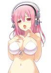  bikini_top blush breasts cleavage dasoku_sentarou headphones large_breasts long_hair navel nitroplus open_mouth pink_hair red_eyes shiny shiny_skin solo super_sonico swimsuit tongue 