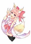  animal_ears bad_id bad_pixiv_id blush bow detached_sleeves dress fox_ears fox_girl fox_shadow_puppet fox_tail hair_bow highres original pink pink_eyes pink_hair ponytail smile solo tail thighhighs zeroshiki_kouichi zettai_ryouiki 