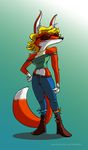 anthro armendariz boots breasts canine clothed clothing eyewear female fox fur hair mammal pants plain_background solo standing sunglasses tube_top 