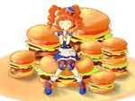  1girl dotioa eyes_closed food grin hamburger hat highres idolmaster orange_hair sitting smile solo takatsuki_yayoi twintails white_background 