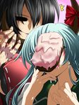  2girls =_= black_hair blush breasts cake drooling ex-keine food food_on_face green_hair height_difference horn_ribbon hornjob horns in_the_face kamishirasawa_keine large_breasts leotard long_hair m.u.g.e.n multiple_girls nontraditional_miko original pie_in_face ribbon saliva samuimu scar sendai_hakurei_no_miko sideboob sweatdrop torogao touhou what yuri 