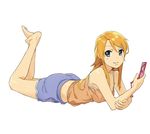  bare_legs bare_shoulders barefoot blonde_hair blue_eyes casual cellphone full_body highres kousaka_kirino long_hair lying on_stomach orange_hair ore_no_imouto_ga_konna_ni_kawaii_wake_ga_nai phone rai32019 simple_background solo white_background 