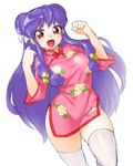 bell breasts china_dress chinese_clothes double_bun dress hair_bell hair_ornament jingle_bell large_breasts long_hair looking_at_viewer onsoku_maru purple_hair ranma_1/2 red_eyes shampoo_(ranma_1/2) simple_background smile solo thighhighs white_background white_legwear 
