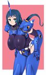  blue_hair breasts covered_nipples green_eyes gundam gundam_build_fighters hanging_breasts huge_breasts impossible_clothes iori_rinko kampfer_(mobile_suit) looking_at_viewer mature mecha motion_lines pink_background ponytail simple_background smile solo spikes vuccha 