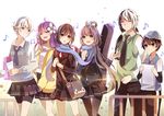  4girls ahoge bag bike_shorts black_eyes black_hair blue_eyes flower green_eyes guitar hair_flower hair_ornament hat instrument long_hair luo_tianyi messenger_bag mo_qingxian multiple_boys multiple_girls musical_note necktie pantyhose paper purple_hair red_eyes short_hair shoulder_bag skirt smile vocaloid vocanese white_hair xiao_guiling yanhe yuezheng_ling yuezheng_longya zhiyu_moke 