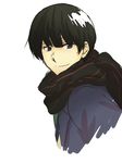  1boy black_hair kyoukai_no_kanata nase_hiroomi scarf smile solo white_background 