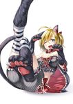  animal_ears bare_shoulders blonde_hair blue_eyes blush cat_ears cat_paws cat_tail collar kyon_(fuuran) looking_at_viewer one_eye_closed open_mouth original paws short_hair smile solo tail 