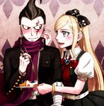  1girl bandages birthday black_hair blonde_hair blush bow cake danganronpa dress eating food hair_bow hetero heterochromia jacket jewelry long_hair multicolored_hair open_mouth ponytail puffy_sleeves ribbon ring scar scarf short_hair single_earring smile sonia_nevermind super_danganronpa_2 tanaka_gandamu tsukishiro_ao wiping_face 