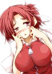  blush breasts commentary_request hair_ribbon hands_on_own_face hemogurobin_a1c large_breasts pink_eyes pink_hair ponytail ribbon sara_(touhou) short_hair solo touhou touhou_(pc-98) zipper 