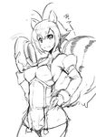  alternate_costume animal_ears antenna_hair bare_shoulders beret blazblue breasts detached_sleeves dress greyscale hand_on_hip hat hat_removed headwear_removed hot large_breasts makoto_nanaya monochrome necktie sakula short_dress short_hair sketch solo squirrel_ears squirrel_tail tail translated 