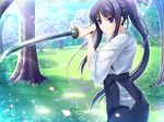  1girl black_hair blue_eyes japanese_clothes katana komori_kei ryuzouji_akane solo sword tree trees walkure_romanze walkure_romanze_more_&amp;_more weapon 