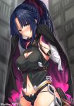  1girl :o arm_strap bandage bandaged_arm bandages black_hair black_panties blush breasts cape cleavage cleavage_cutout commentary_request cosplay fate/grand_order fate_(series) hair_ribbon jack_the_ripper_(fate/apocrypha) jack_the_ripper_(fate/apocrypha)_(cosplay) katou_danzou_(fate/grand_order) long_hair looking_at_viewer navel panties purple_ribbon ribbon sebire solo twitter_username underwear yellow_eyes 