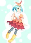  aqua_hair bad_id bad_pixiv_id boots dress eyebrows green_eyes hat mito_tsubaki monogatari_(series) nisemonogatari onimonogatari ononoki_yotsugi rubber_boots short_hair socks striped striped_legwear twintails 