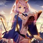  animal_ears book cat_ears cross gate_of_dimension gilse jewelry looking_at_viewer open_book purple_eyes purple_hair ring short_hair solo sunset veil 