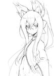  animal_ears blazblue cat_ears flat_chest glasses greyscale kokonoe monochrome navel pince-nez ponytail sakula sketch solo two_side_up wide_sleeves 