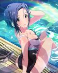  artist_request breasts cleavage competition_swimsuit goggles hat hat_removed headwear_removed idolmaster idolmaster_(classic) idolmaster_million_live! lens_flare medium_breasts miura_azusa official_art one-piece_swimsuit pool poolside purple_hair red_eyes short_hair sparkle swim_cap swimsuit wet wet_hair 