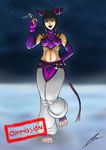  baggy_pants belt black_hair borockman breasts crop_top detached_sleeves fingerless_gloves gloves hair_ornament han_juri hand_on_hip midriff pants purple_eyes short_twintails signature solo street_fighter street_fighter_iv_(series) toeless_legwear toenail_polish toned twintails watermark 