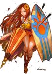  arrow brown_hair character_name danann flower hair_flower hair_ornament league_of_legends leona_(league_of_legends) long_hair parasol sandals shield solo sunflower surfboard thigh_gap umbrella very_long_hair yellow_eyes 