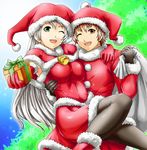  1girl bell black_legwear boots brown_eyes brown_hair christmas eiyuu_densetsu elie_macdowell gift gloves green_eyes hat lloyd_bannings long_hair one_eye_closed pantyhose santa_boots santa_hat skirt smile white_hair zero_no_kiseki 