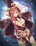  black_wings breasts chain circlet cleavage cross crucifixion demon_horns dress dutch_angle facial_mark feathers flower forehead_mark graveyard highres hinamizawa_(hina-sawa) horns large_breasts long_hair makai_gakuen_catastrophe moon night night_sky official_art orange_hair petals pink_eyes plant rose rose_petals side_ponytail sky solo star_(sky) starry_sky tombstone torn_clothes vines wings 