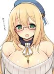  :o alternate_costume atago_(kantai_collection) bad_id bad_pixiv_id bare_shoulders bespectacled between_breasts blonde_hair blush breasts casual detached_collar food glasses green_eyes hat heart kantai_collection large_breasts long_hair looking_at_viewer nekoume pocky pocky_day red-framed_eyewear ribbed_sweater simple_background solo sweater translated white_background 