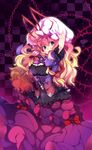  absurdres blonde_hair bow breasts chain checkered checkered_background cleavage dress hair_bow hat highres huangquan_dong_(sinchi) large_breasts long_hair long_sleeves looking_at_viewer navel navel_cutout purple_eyes solo touhou yakumo_yukari 