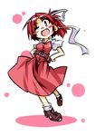  bandaid bandaid_on_nose belt blush_stickers commentary_request dress fang hair_ribbon hands_on_hips hemogurobin_a1c one_eye_closed pink_eyes pink_hair ponytail ribbon sara_(touhou) shoes short_hair sneakers solo touhou touhou_(pc-98) 