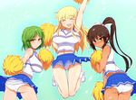  3girls aqua_eyes ass blonde_hair blush breasts brown_hair cheerleader dark_skin embarrassed eyes_closed green_hair hikage_(senran_kagura) homura_(senran_kagura) huge_breasts jumping long_hair looking_at_viewer miniskirt multiple_girls open_mouth panties pom_poms ponpo ponytail senran_kagura senran_kagura_(series) sideboob skirt slit_pupils smile underwear wavy_mouth yellow_eyes yomi_(senran_kagura) 