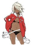  badge bikini black_bikini blonde_hair button_badge cropped_legs dark_skin green_eyes gun hair_over_one_eye hands_in_pockets head_tilt imigimuru jacket jacket_over_swimsuit looking_at_viewer navel original short_hair simple_background sketch solo swimsuit weapon white_background 