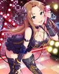  blue_eyes boots breasts brown_hair cleavage cross-laced_footwear fishnet_legwear fishnets idolmaster idolmaster_cinderella_girls lace-up_boots large_breasts long_hair matsumoto_sarina microphone official_art thigh_boots thighhighs 