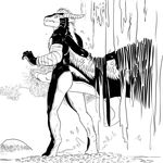  black_and_white caught digitigrade dragon erection horn knot looking_back male monochrome negger nude penis piercing solo sulfer sulferdragon surprise water waterfall wings 