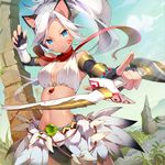  animal_ears blue_eyes bow_(weapon) breasts cat_ears cleavage elbow_gloves facial_mark fingerless_gloves gate_of_dimension gilse gloves halter_top halterneck looking_at_viewer medium_breasts navel pointing ponytail shiny shiny_skin silver_hair solo weapon 