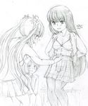  2girls abs bad_id bad_tumblr_id bangs bra breasts long_hair monochrome multiple_girls open_clothes open_shirt original plaid plaid_skirt pleated_skirt punching reavz school_uniform shirt sketch skirt small_breasts twintails underwear 