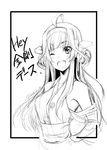  ;) ahoge alternate_costume blush breasts detached_sleeves greyscale headgear kantai_collection kongou_(kantai_collection) long_hair medium_breasts monochrome one_eye_closed open_mouth sakula sketch smile solo translated 