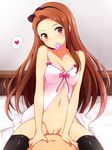  1girl arm_support babydoll black_legwear blush bottomless bow breasts brown_eyes brown_hair chemise condom condom_in_mouth condom_wrapper girl_on_top hairband hands_on_another's_chest heart highres idolmaster idolmaster_(classic) long_hair looking_at_viewer medium_breasts minase_iori mouth_hold navel neko_kuruto on_bed pussy smile solo_focus spoken_heart straddling thighhighs very_long_hair 