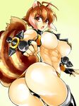  abs animal_ears antenna_hair ass bad_id bad_pixiv_id blazblue breasts brown_eyes brown_hair dual_wielding fingerless_gloves from_behind fujino_ran gloves holding large_breasts makoto_nanaya microskirt multicolored_hair panties revealing_clothes skirt solo squirrel_ears squirrel_tail tail thighhighs thong tonfa two-tone_hair underboob underwear weapon 