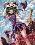  arms_behind_back bare_legs blue_eyes blue_sky bug butterfly cloud day detached_sleeves dutch_angle epaulettes flower from_behind green_hair hair_bobbles hair_ornament hand_on_headwear hat hat_ribbon insect kabaji multiple_girls oil_painting_(medium) onozuka_komachi open_mouth red_hair ribbon rod_of_remorse scythe shiki_eiki short_hair skirt skirt_set sky spider_lily touhou traditional_media tree two_side_up 