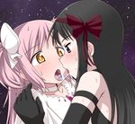  2girls akemi_homura akuma_homura black_hair blush bow dress earth elbow_gloves giantess gloves hair_bow hair_ribbon kaname_madoka long_hair mahou_shoujo_madoka_magica mahou_shoujo_madoka_magica_movie moon multiple_girls open_mouth pink_hair planet purple_eyes ribbon saliva space sweat terada_ochiko tongue tongue_out twintails two_side_up ultimate_madoka yellow_eyes yuri 