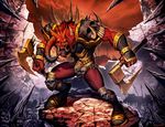  axe belt bone chaos_(warhammer) claws demon demon_horns fangs gauntlets genzoman glowing glowing_eyes horns khorne knee_pads monster muscle no_humans open_mouth pauldrons polearm red_eyes red_skin skull solo spear spikes teeth tusks warhammer_40k weapon 