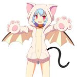  animal_hood bat_wings blue_hair blush cat_hood cat_tail cato_(monocatienus) collar fang gloves hood hoodie naked_hoodie navel no_bra open_clothes open_hoodie paw_gloves paws red_eyes remilia_scarlet short_hair solo tail touhou wings 
