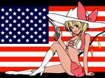  :d alternate_costume american_flag asagaya bad_id bad_pixiv_id blonde_hair boots bow cowboy_hat fang flag_background flandre_scarlet gun handgun hat hat_bow low_wings midriff navel open_mouth red_eyes red_ribbon revolver ribbon sitting skirt smile solo touhou weapon western wings 