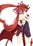  demon_tail dress highres horns long_hair looking_back original panties pointy_ears ponkotsu_(ayarosu) red_eyes red_hair ribbon solo tail transparent_background twintails underwear very_long_hair wings wrist_cuffs 