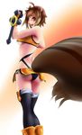  animal_ears antenna_hair ass back blazblue boots breasts brown_eyes brown_hair crop_top fingerless_gloves from_behind gloves looking_back makoto_nanaya microskirt short_hair skirt solo squirrel_ears squirrel_tail tail thigh_boots thighhighs tonfa underboob weapon 