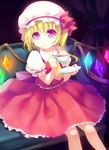  :o ascot blonde_hair couch cup curtains flandre_scarlet hat hat_ribbon looking_at_viewer mob_cap puffy_short_sleeves puffy_sleeves purple_background red_eyes ribbon saucer short_hair short_sleeves side_ponytail sitting skirt skirt_set slit_pupils solo soubi_kotobaasobi teacup touhou wings 
