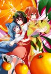  animal_ears bad_id bad_pixiv_id black_hair blue_dress blue_eyes blue_hair bow brown_hair cat_ears chen cirno dress food fruit green_eyes hat hat_bow highres hug ice ice_wings japanese_clothes juliet_sleeves kimono long_sleeves looking_at_viewer mandarin_orange mob_cap multiple_girls open_mouth orange orange_slice puffy_sleeves red_eyes s-syogo sash shirt skirt skirt_set smile touhou vest wide_sleeves wings 