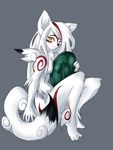  &#332;kami ?kami anthro anthrofied blush breasts canine claws deity fur grey_background hair long_hair looking_at_viewer mammal markings nude plain_background pussy sitting solo toe_claws unicornblue video_games white_fur wolf yellow_eyes 