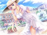  1girl bertille_althusser blonde_hair blue_eyes breasts cleavage cloud clouds dress drill_hair fountain highres komori_kei legs long_hair solo twin_drills very_long_hair walkure_romanze walkure_romanze_more_&amp;_more 