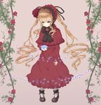  bad_id bad_pixiv_id blonde_hair blue_eyes blue_flower blue_rose bonnet bow bowtie dress flower full_body hi69 holding leaf long_hair petals plant purple_background red_dress red_flower red_rose rose rozen_maiden shinku solo spoilers standing twintails vines 