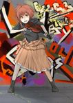  ankle_boots boots braid brown_eyes brown_hair character_name female graffiti hood hoodie instrument lindsey_stirling long_hair looking_at_viewer musical_instrument musician open_mouth skirt solo standing straight_hair takutarou text typo violin wall 